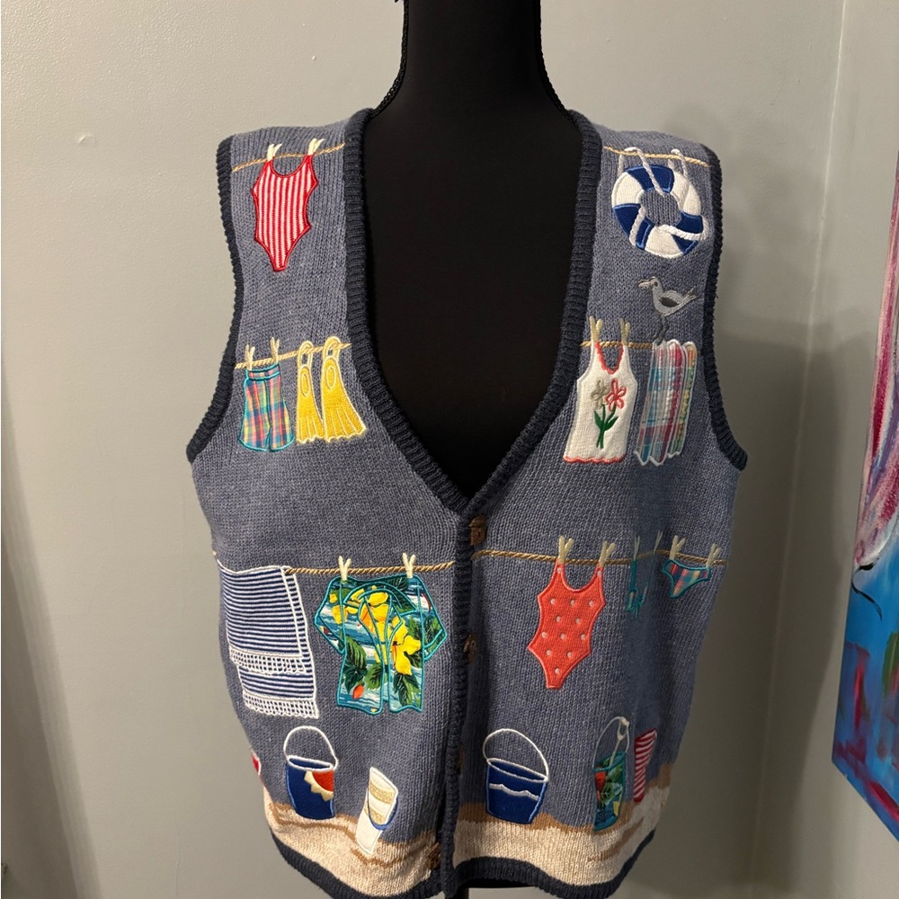 Vtg mandal bay womens S summer theme cardigan sweater vest beach wood buttons